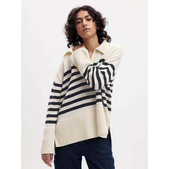 Gap 247 Split-hem Polo Sweater White Navy Stripe - XS - Picture 1 of 8